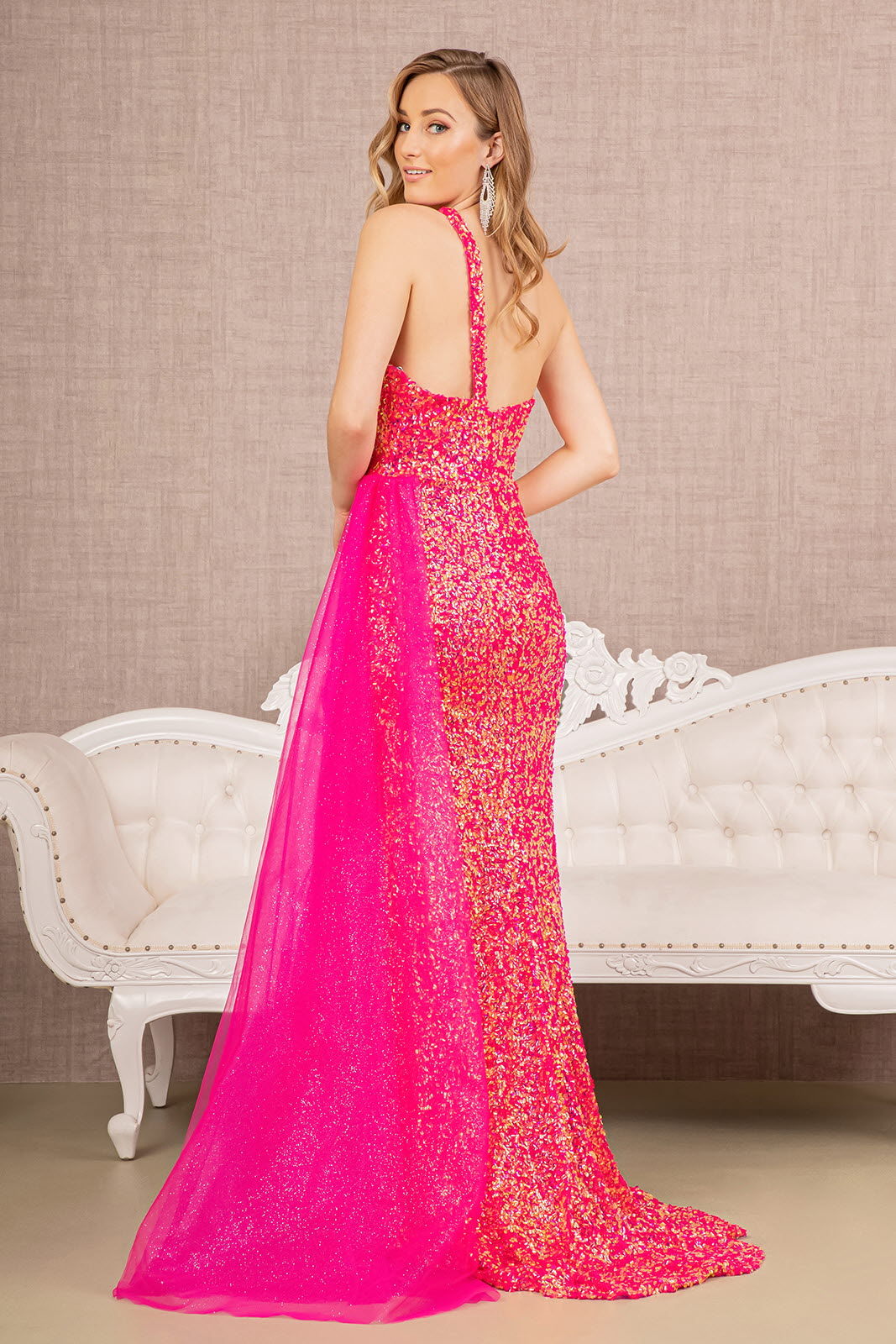Sequin Glitter Asymmetric Mermaid w/ Long Waist Mesh Layer Long Prom Dress GLGL3133