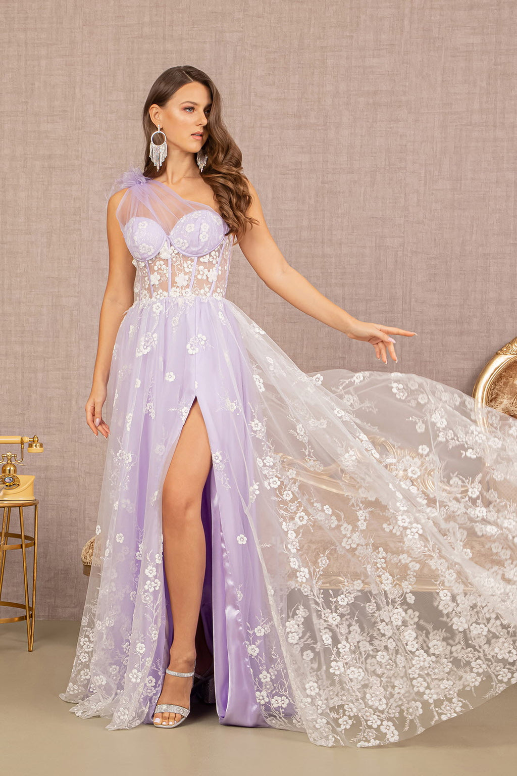 Feather Sheer Bodice Asymmetric A-line w/ Flower Applique Long Prom Dress GLGL3134