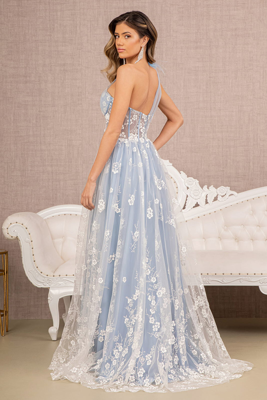 Feather Sheer Bodice Asymmetric A-line w/ Flower Applique Long Prom Dress GLGL3134