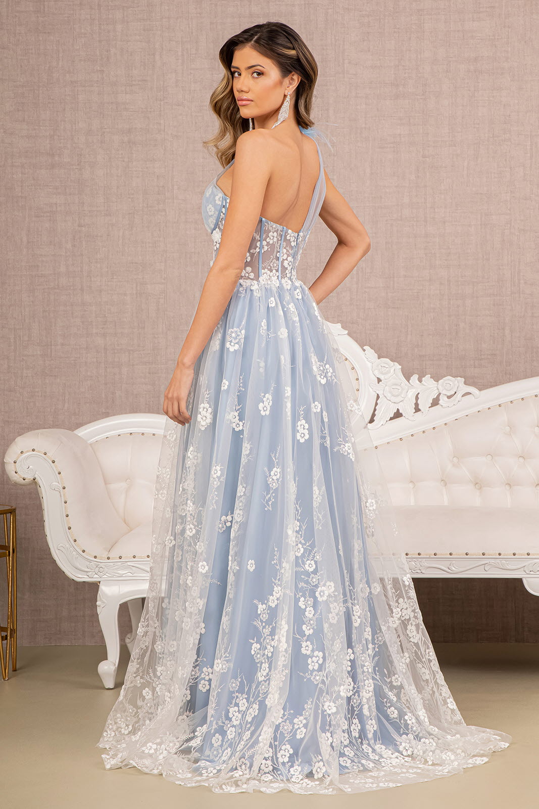 Feather Sheer Bodice Asymmetric A-line w/ Flower Applique Long Prom Dress GLGL3134