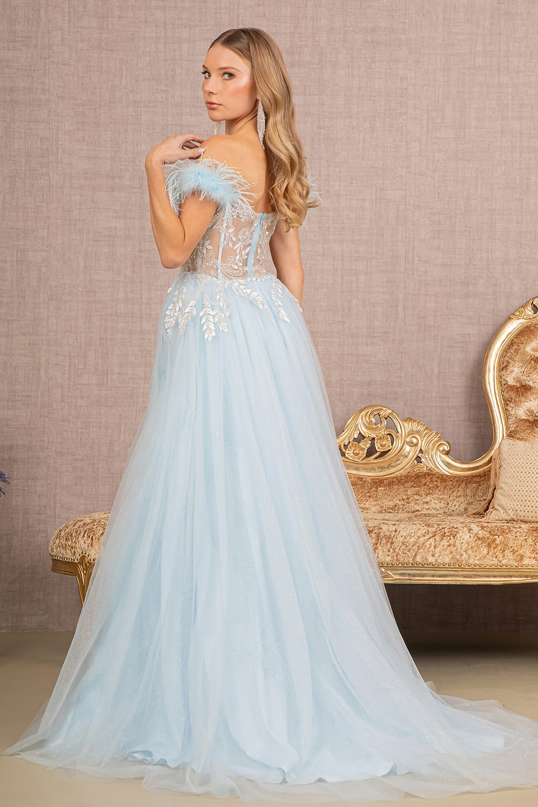 Feather Straps Sheer Bodice Glitter Sequin Mesh A-line Long Prom Dress GLGL3135