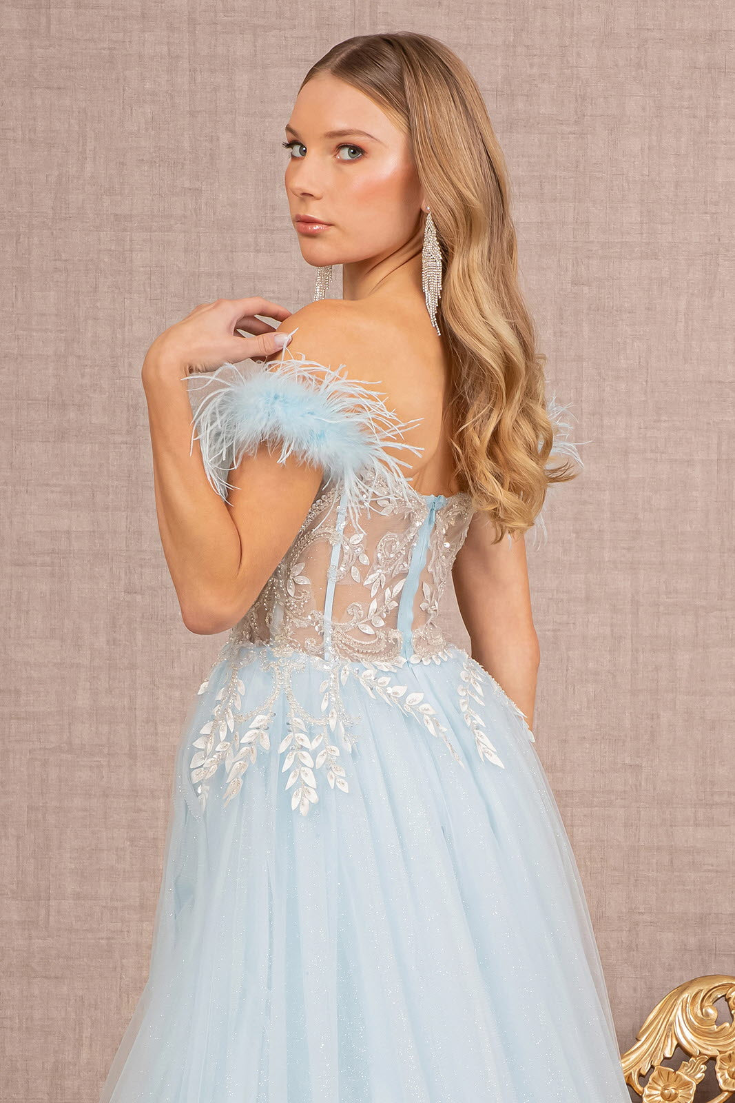 Feather Straps Sheer Bodice Glitter Sequin Mesh A-line Long Prom Dress GLGL3135