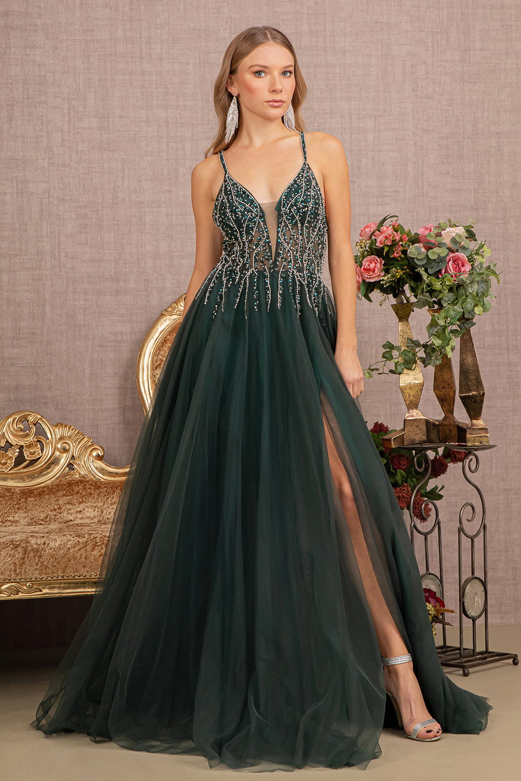 Jewel Bead Illusion Sweetheart Sheer Bodice Mesh A-line Long Prom Dress GLGL3137