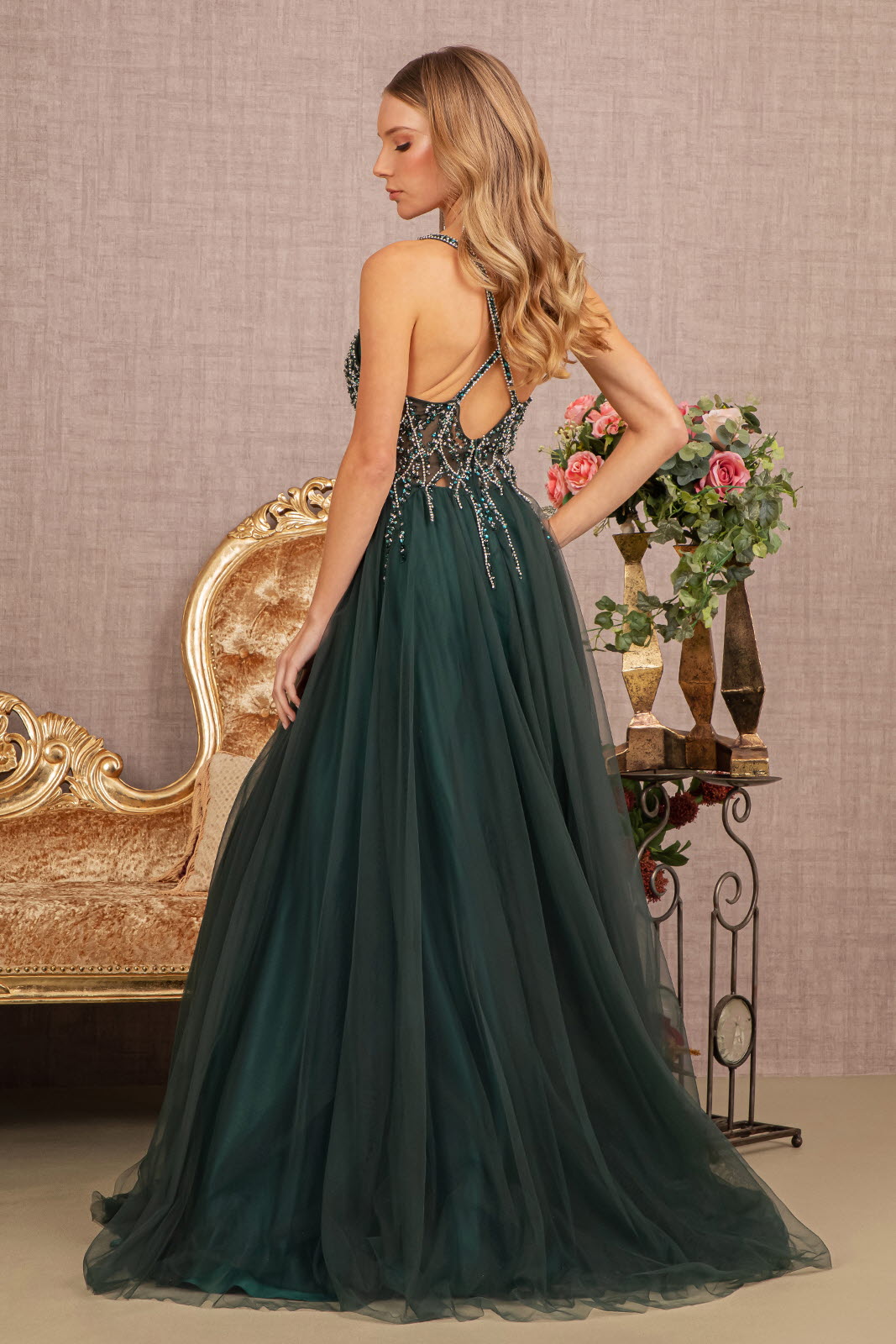 Jewel Bead Illusion Sweetheart Sheer Bodice Mesh A-line Long Prom Dress GLGL3137
