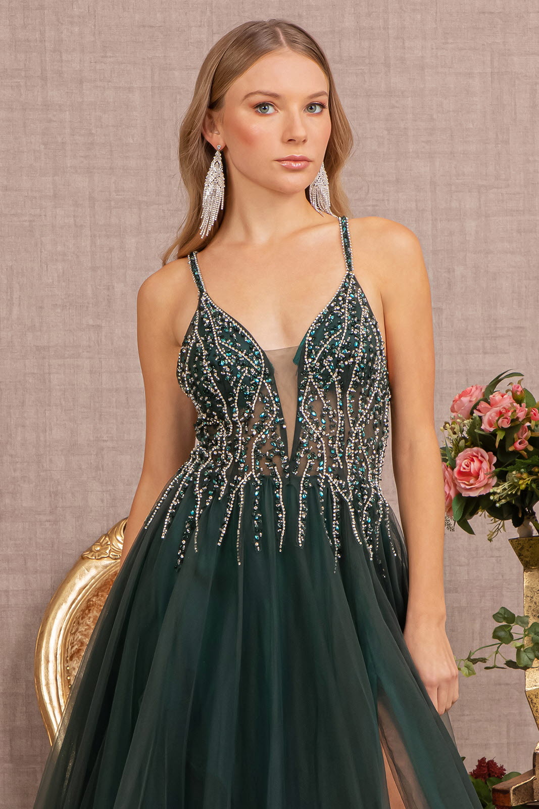Jewel Bead Illusion Sweetheart Sheer Bodice Mesh A-line Long Prom Dress GLGL3137