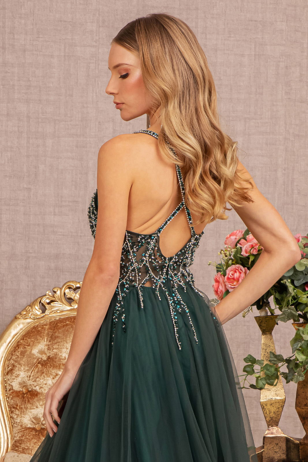 Jewel Bead Illusion Sweetheart Sheer Bodice Mesh A-line Long Prom Dress GLGL3137