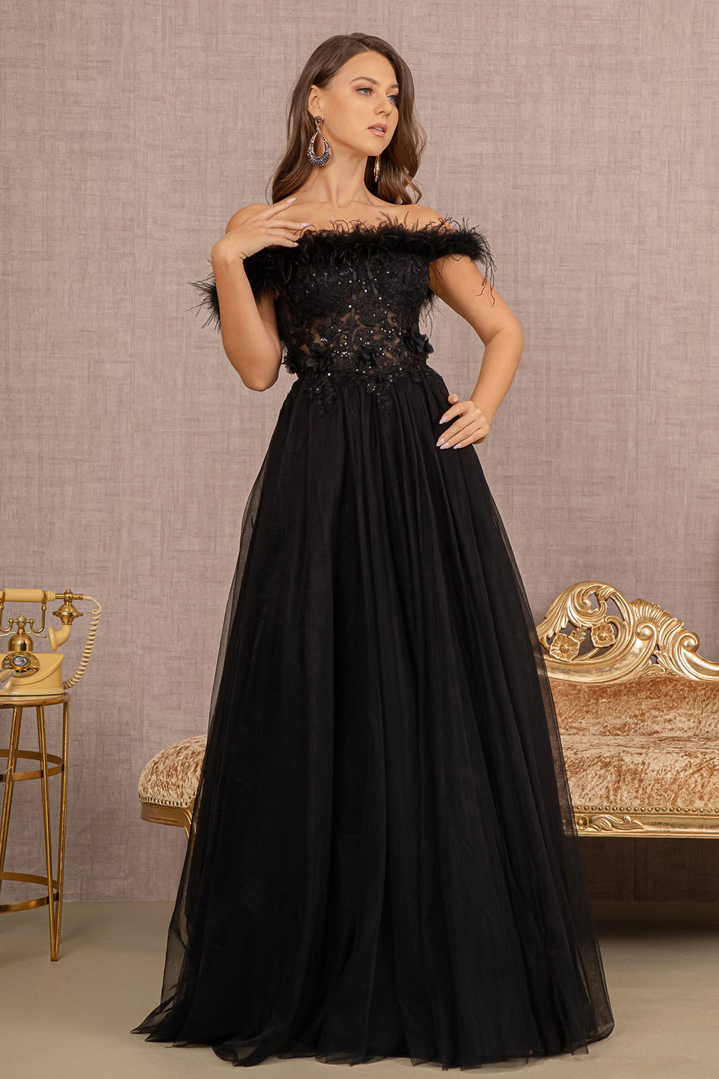 Embroidery Sheer Front Mesh A-line w/ Feather Embellishment Long Prom Dress&nbsp; GLGL3138