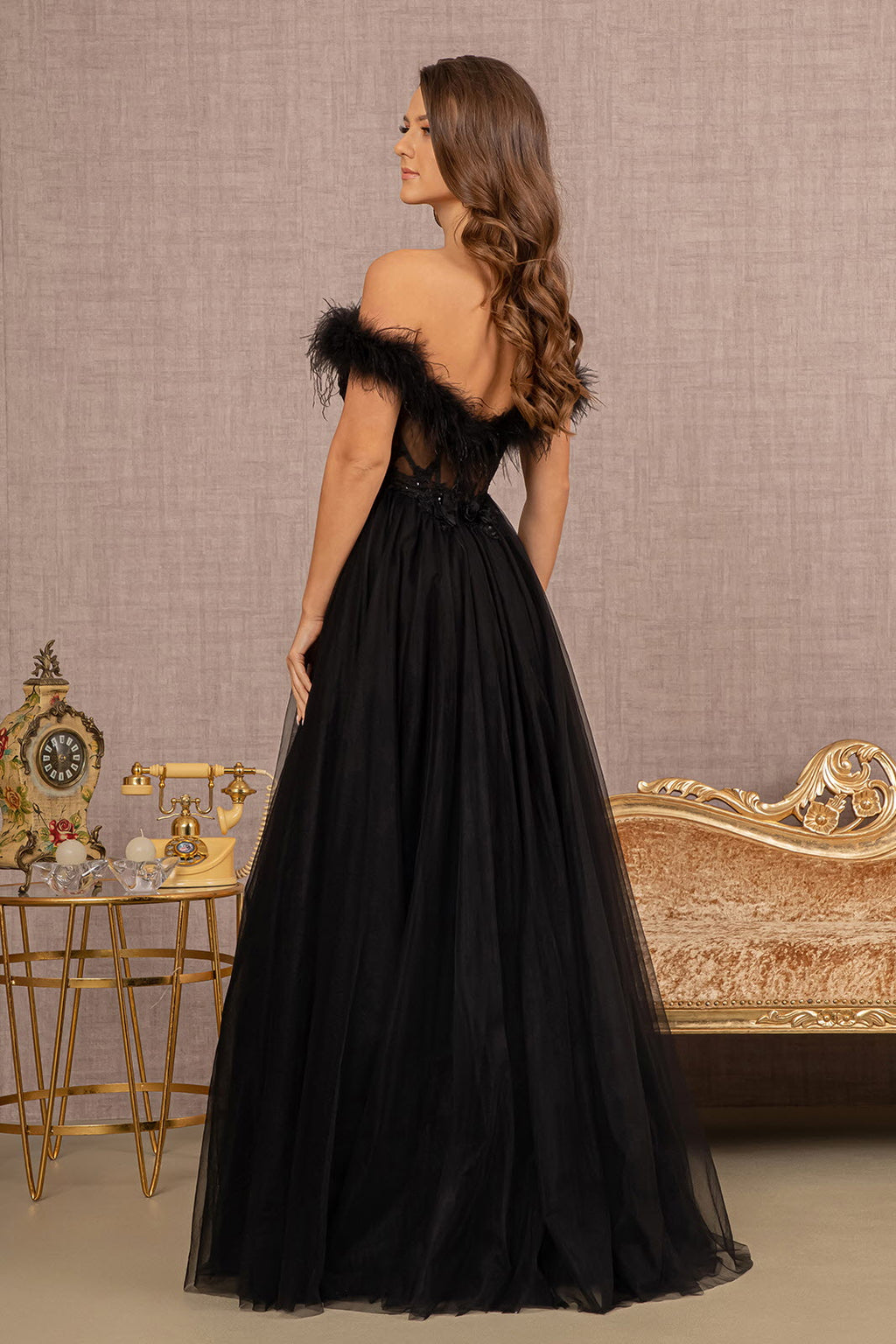 Embroidery Sheer Front Mesh A-line w/ Feather Embellishment Long Prom Dress&nbsp; GLGL3138