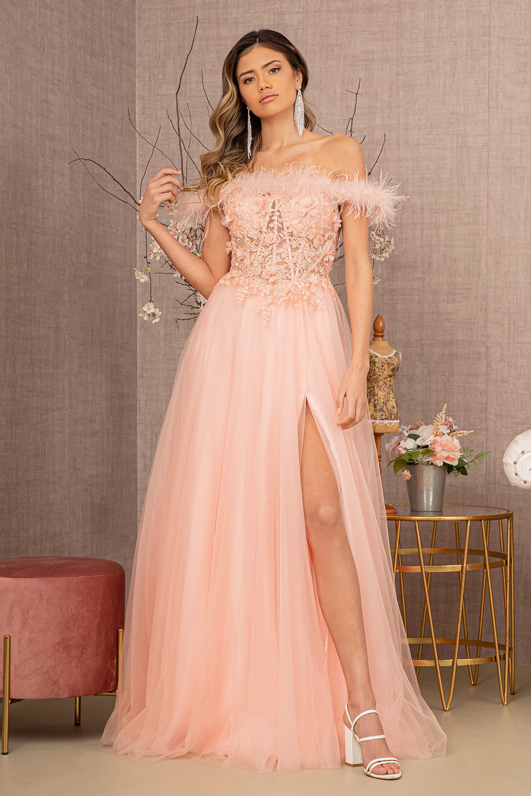 Embroidery Sheer Front Mesh A-line w/ Feather Embellishment Long Prom Dress&nbsp; GLGL3138