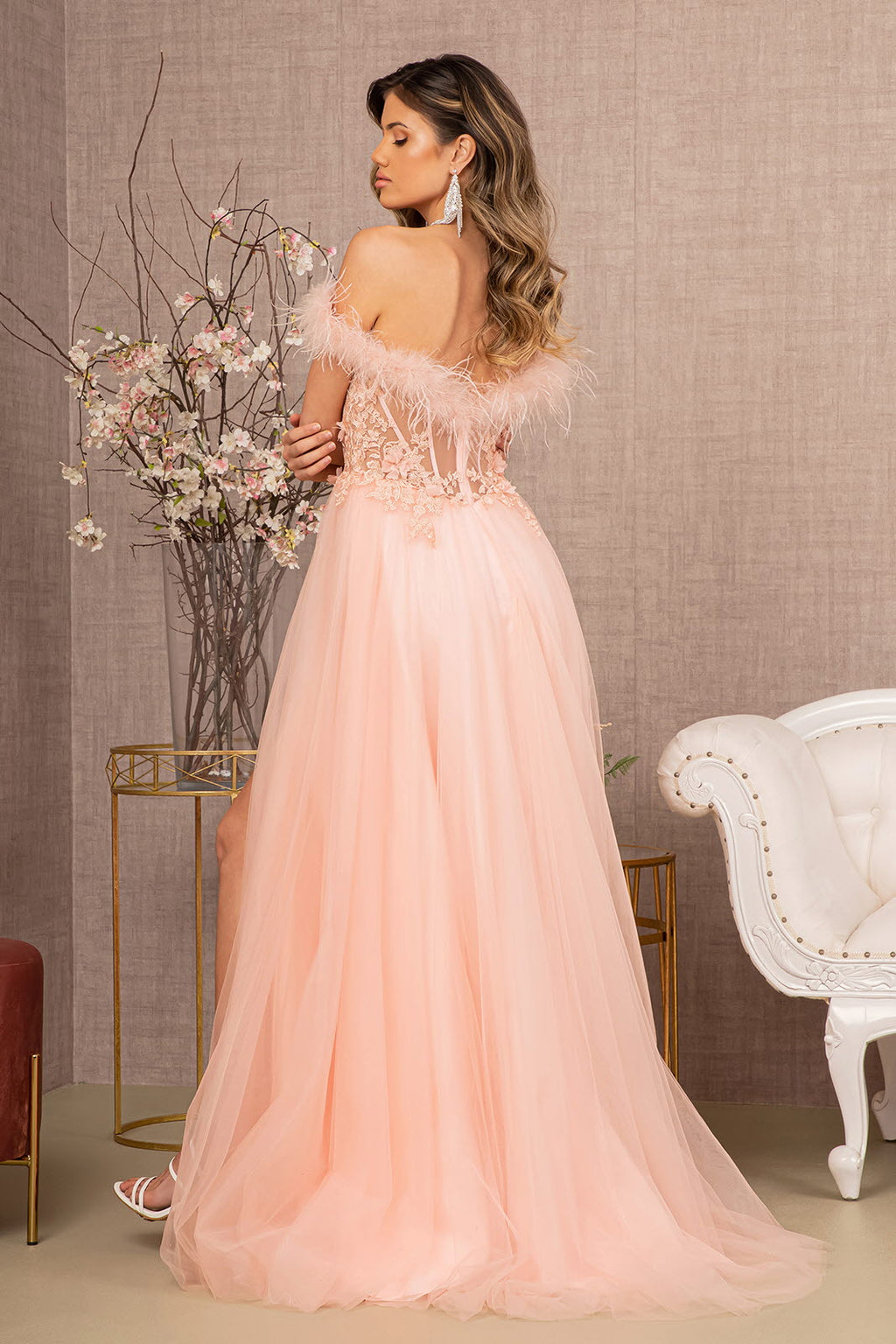 Embroidery Sheer Front Mesh A-line w/ Feather Embellishment Long Prom Dress&nbsp; GLGL3138