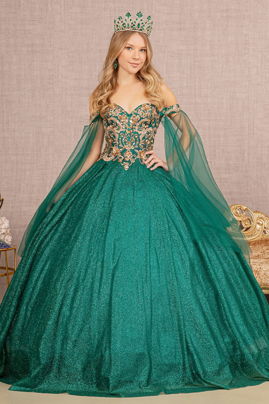 Glitter Sheer Bodice Mesh w/ Detachable Mesh Layers Long Ball Dress GLGL3139