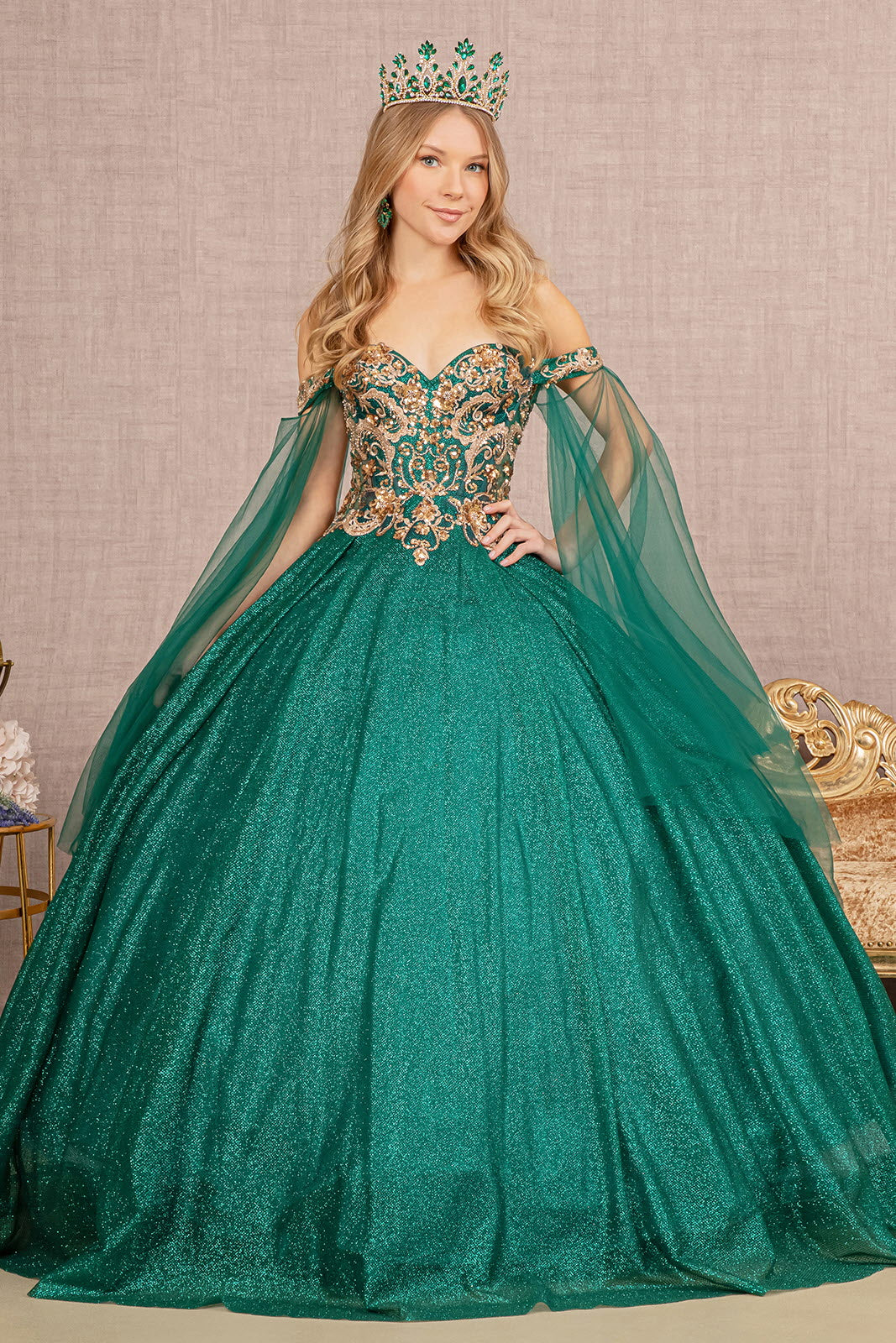 Glitter Sheer Bodice Mesh w/ Detachable Mesh Layers Long Ball Dress GLGL3139