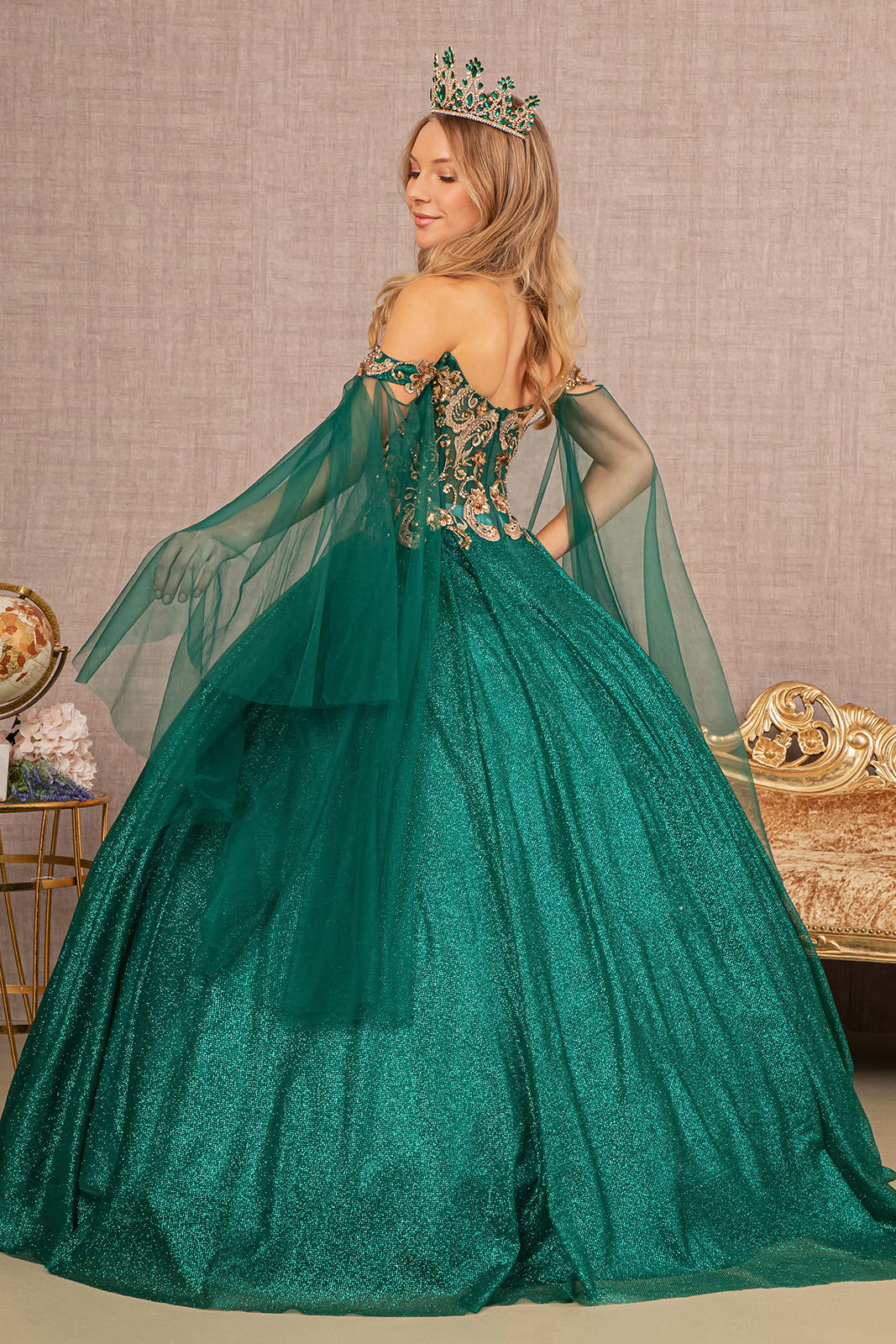 Glitter Sheer Bodice Mesh w/ Detachable Mesh Layers Long Ball Dress GLGL3139
