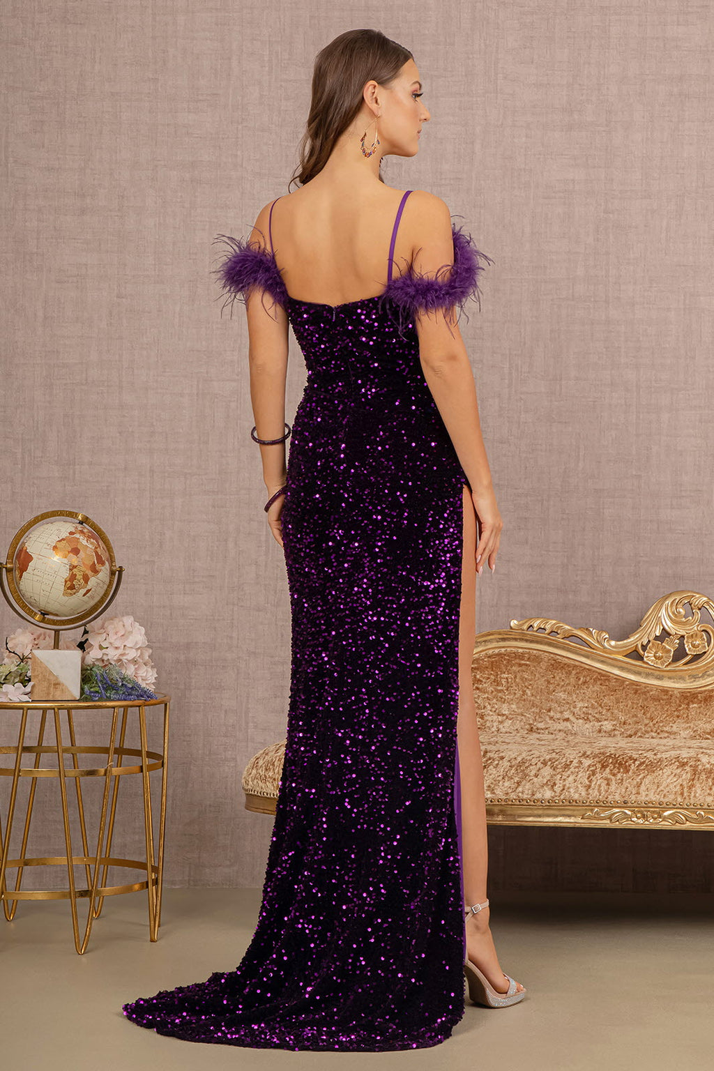 Sequin Cut-away Shoulder Velvet Ceremonial Mermaid Gown w/ Side Slit GLGL3149