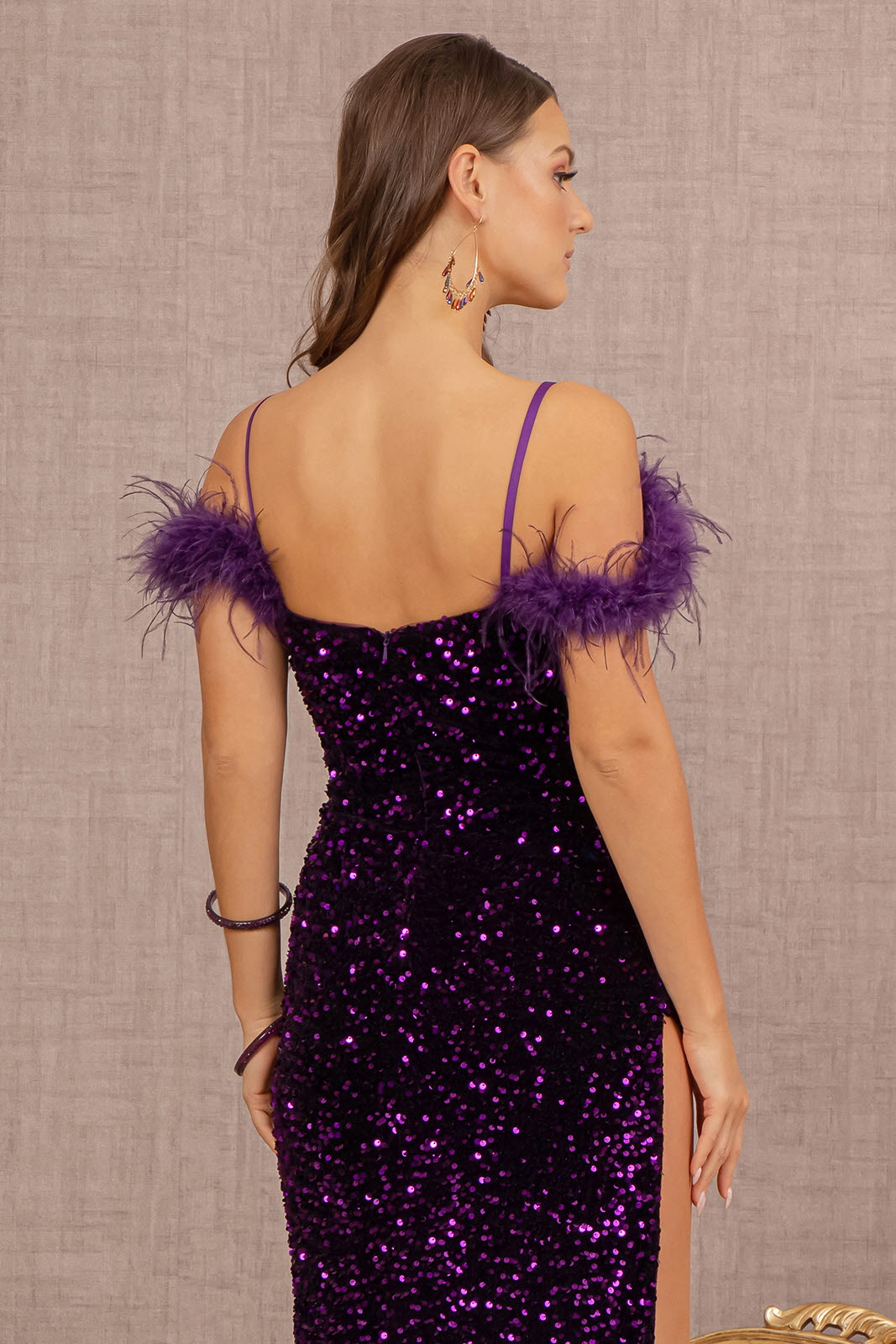 Sequin Cut-away Shoulder Velvet Ceremonial Mermaid Gown w/ Side Slit GLGL3149