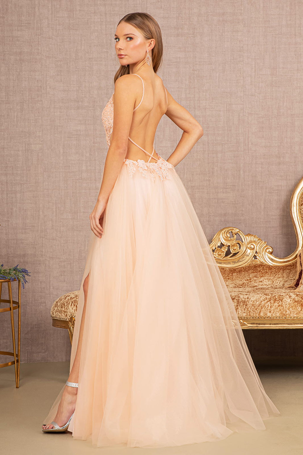 Flower Applique Sheer Front Cut-out Side Mesh A-line Long Prom Dress GLGL3152