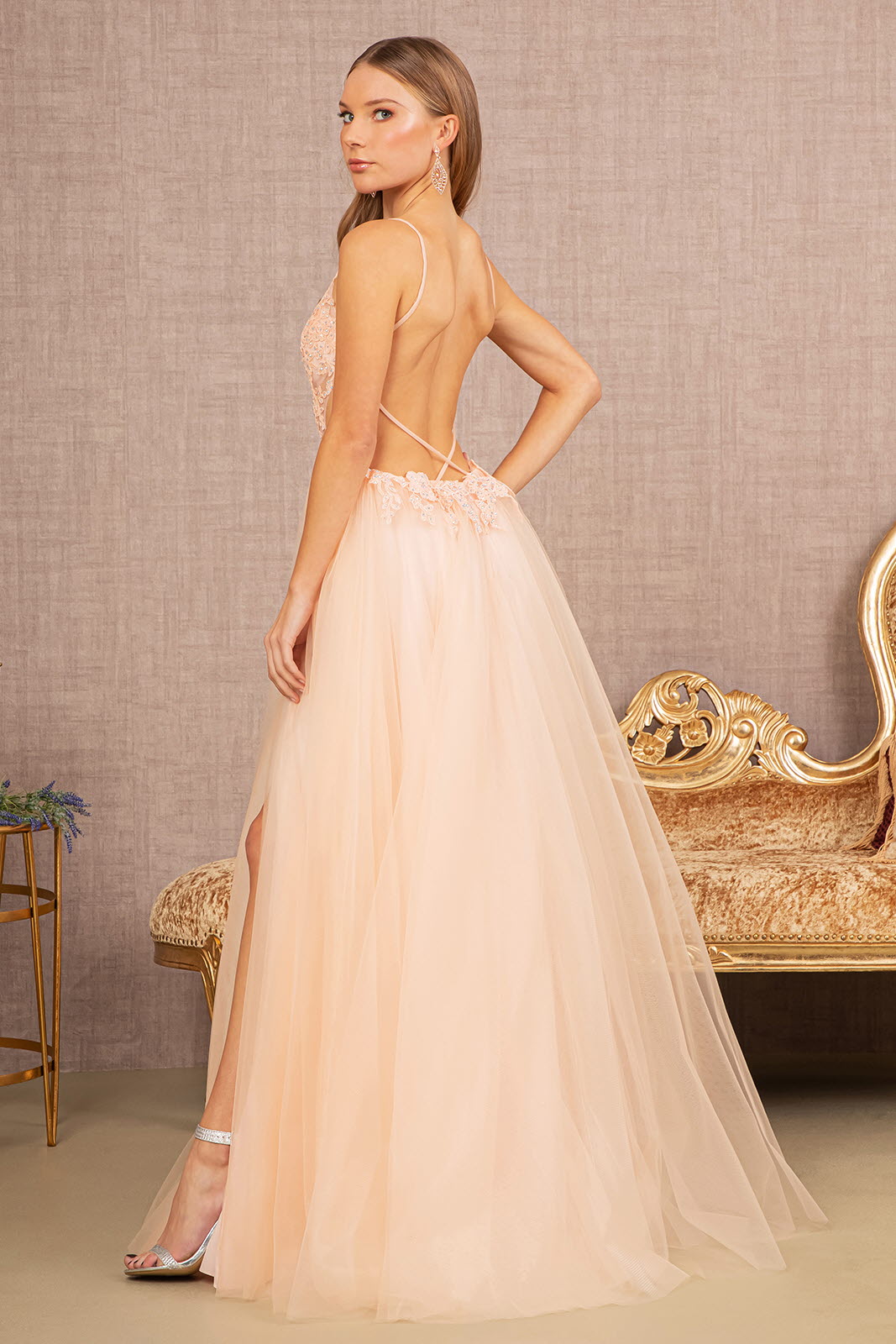 Flower Applique Sheer Front Cut-out Side Mesh A-line Long Prom Dress GLGL3152