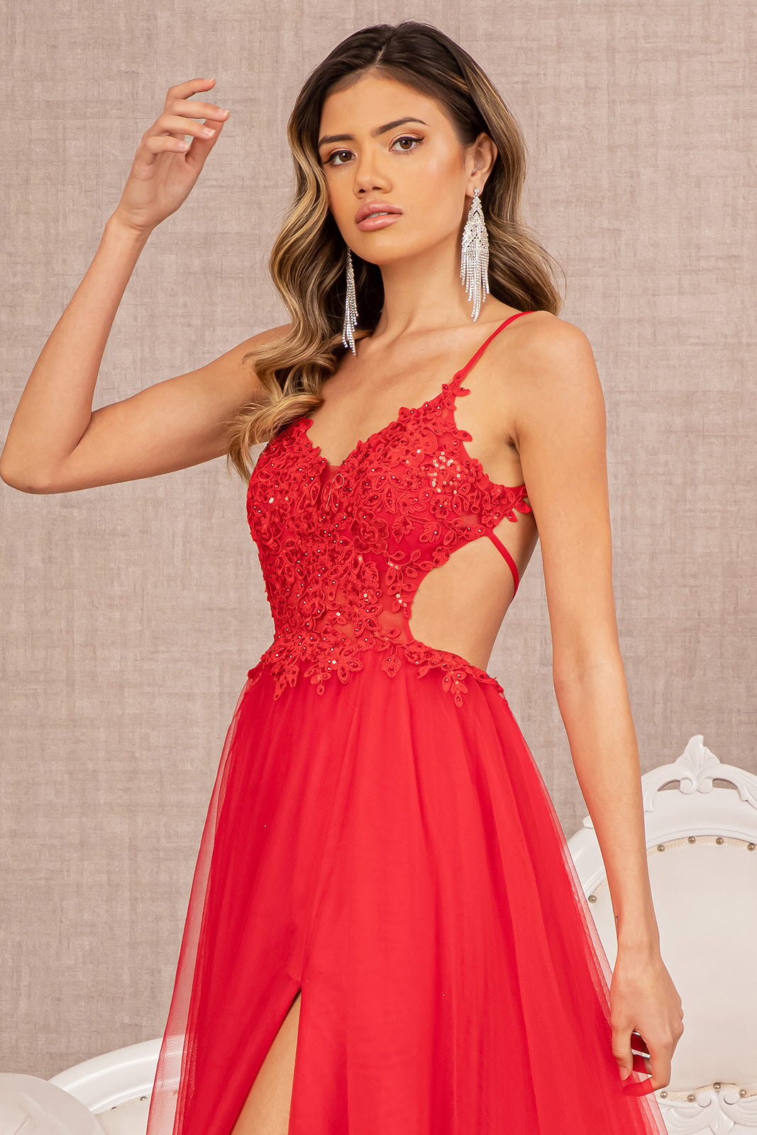 Flower Applique Sheer Front Cut-out Side Mesh A-line Long Prom Dress GLGL3152