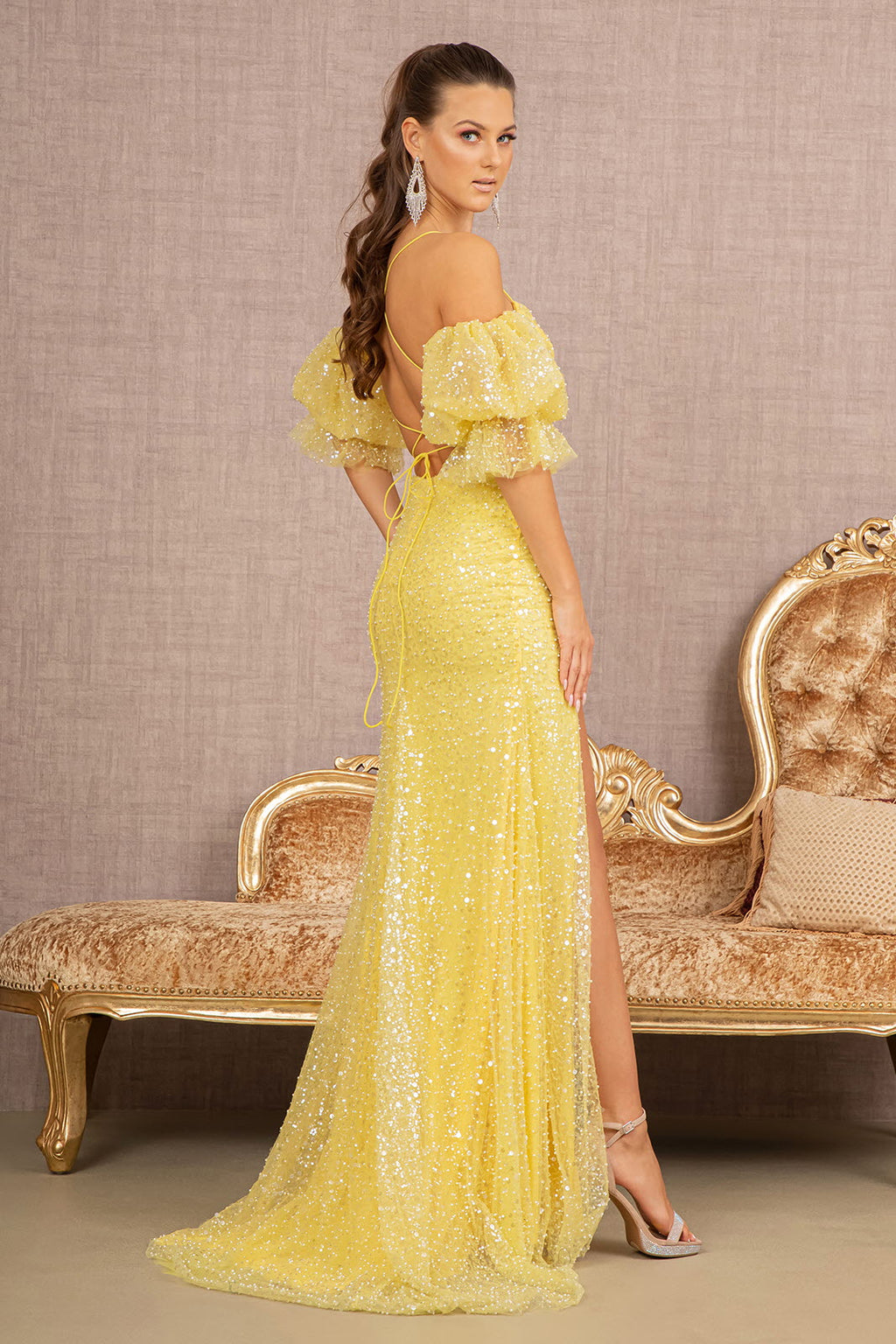 Jewel Sweetheart Mesh Mermaid w/ Detachable Short Puff Sleeves Long Prom Dress GLGL3155