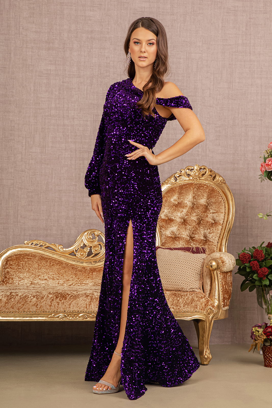 Sequin Asymmetric Velvet Festive Mermaid Gown w/ One Long Puff Sleeve  GLGL3159