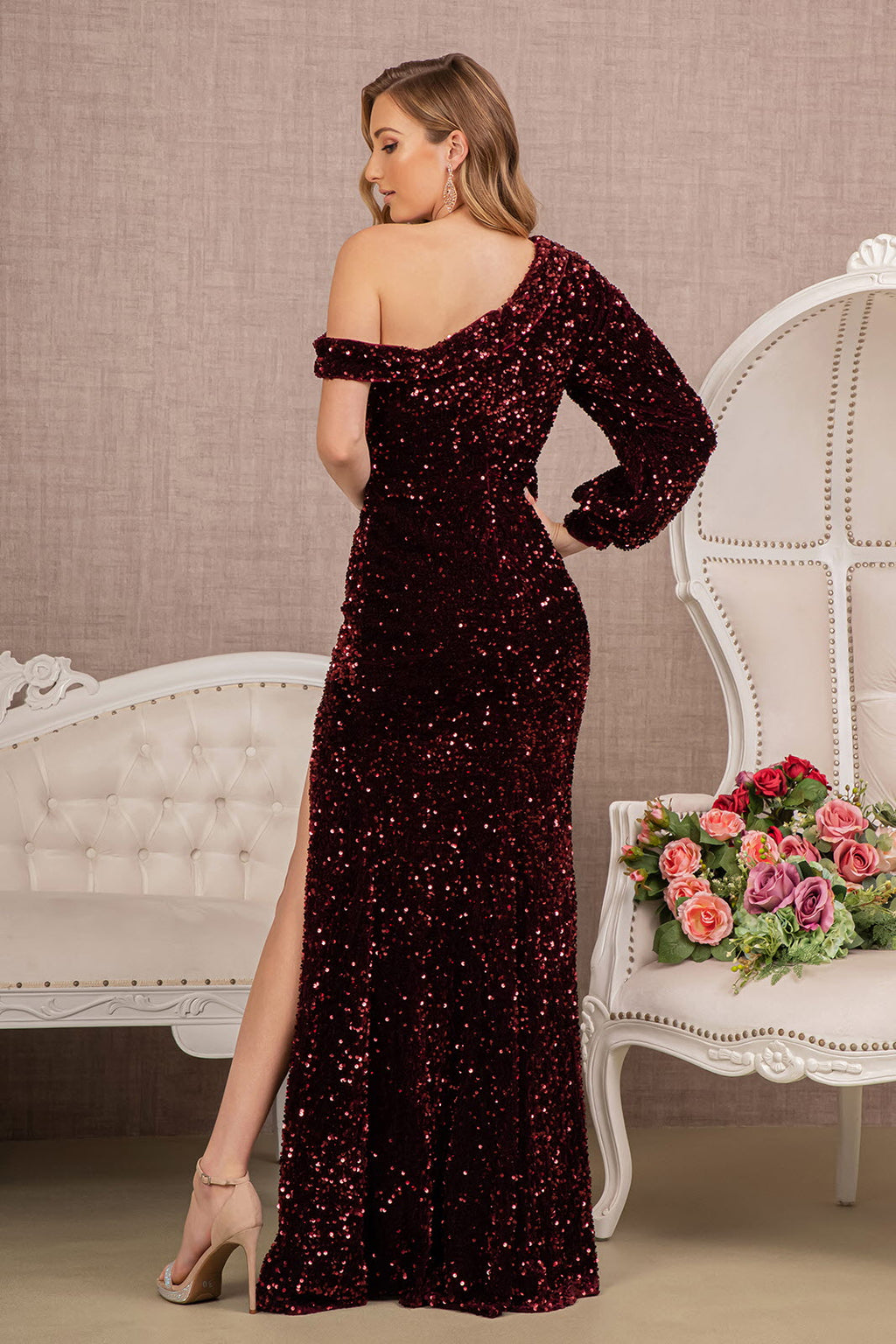 Sequin Asymmetric Velvet Festive Mermaid Gown w/ One Long Puff Sleeve  GLGL3159
