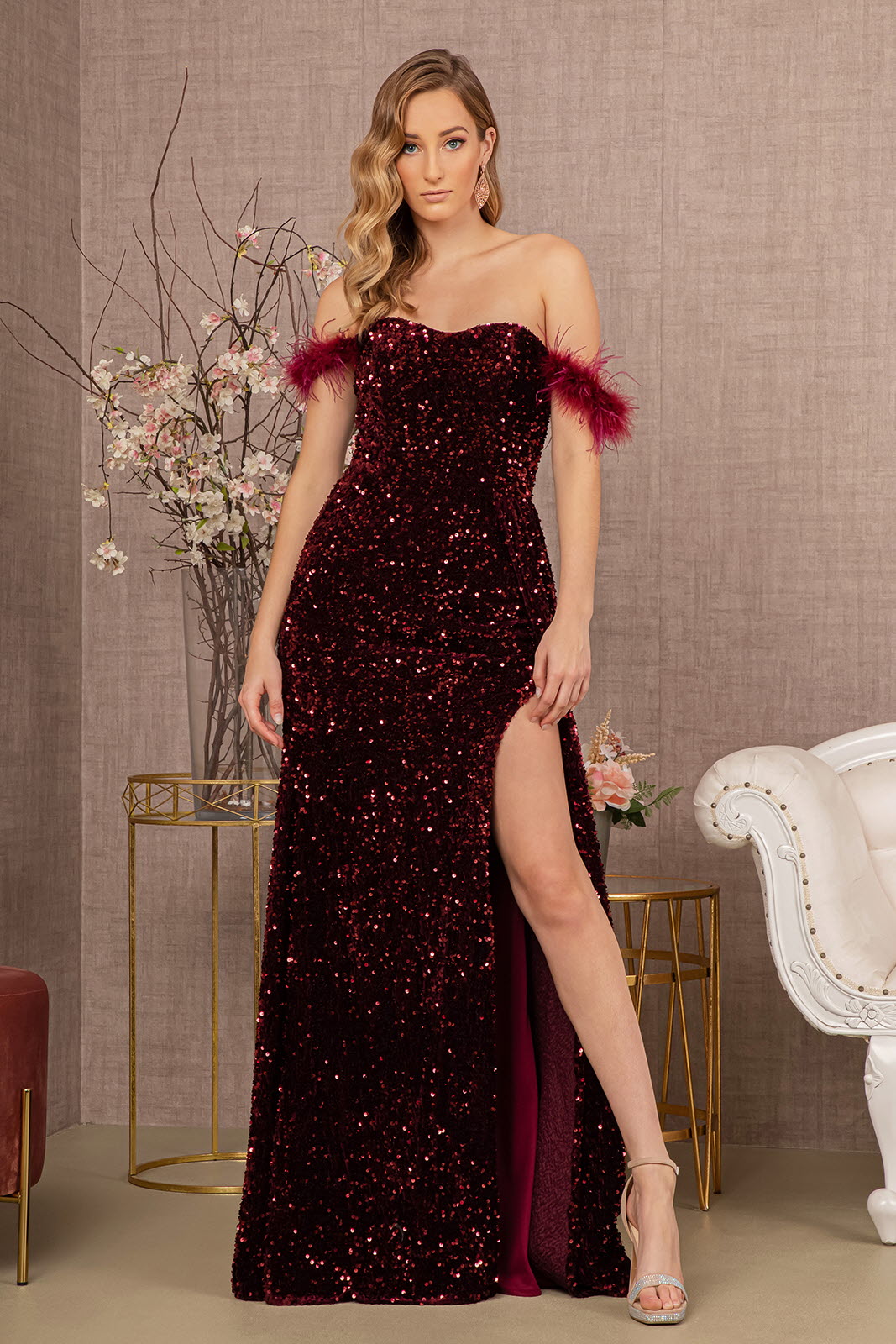 Off The Shoulder Elegant Velvet Gown w/ Leg Slit & Feathers Embroidery GL3163