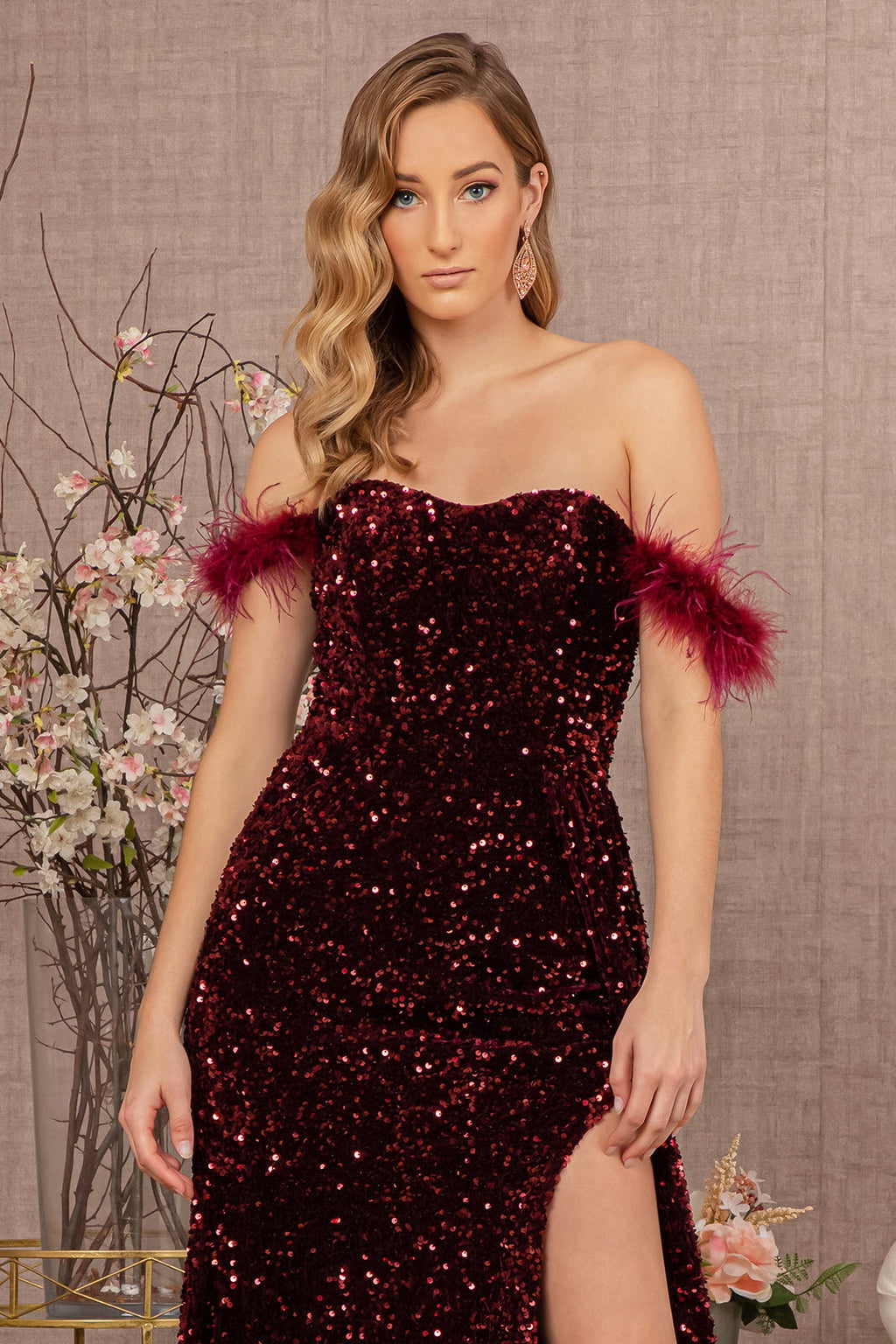Off The Shoulder Elegant Velvet Gown w/ Leg Slit & Feathers Embroidery GL3163