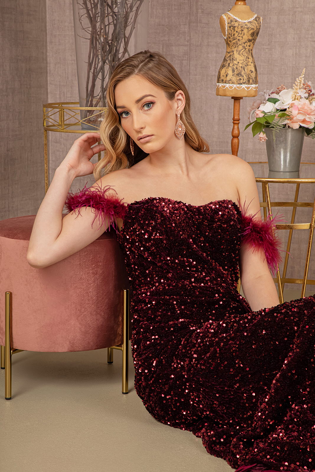 Off The Shoulder Elegant Velvet Gown w/ Leg Slit & Feathers Embroidery GL3163