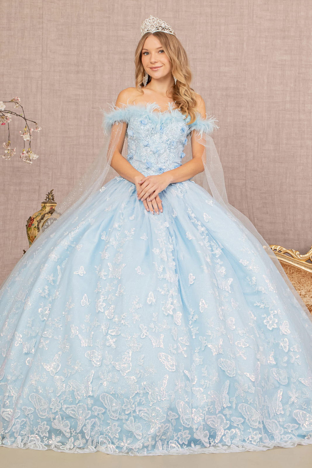 Feather 3D Flower w/ Detachable Side Mesh Layer Long Quinceanera Dress GLGL3166