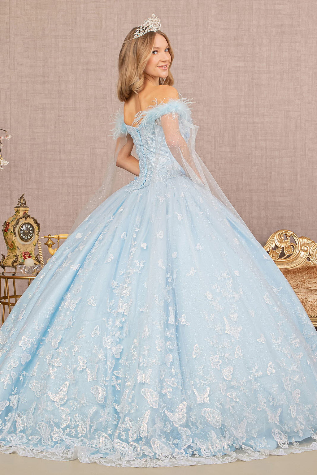 Feather 3D Flower w/ Detachable Side Mesh Layer Long Quinceanera Dress GLGL3166