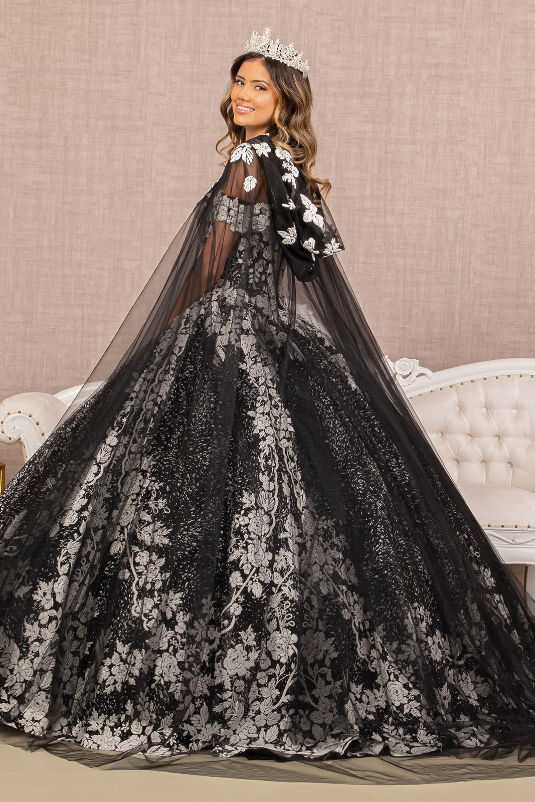 Floral Pattern Glitter w/ Long Mesh Cape Long Quinceanera Dress GLGL3168
