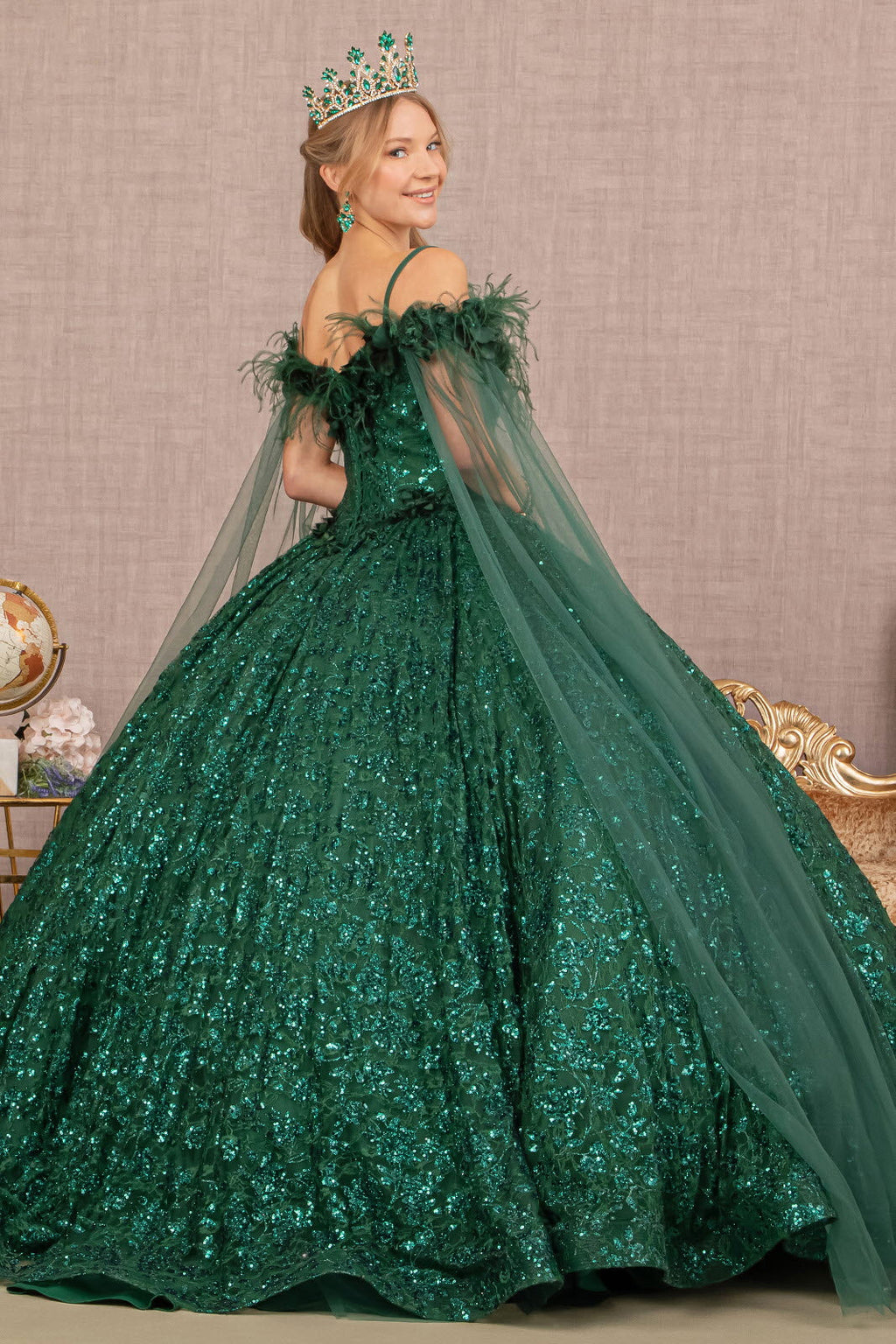 Feather Sequin Lace w/ Detachable Side Mesh Layer Long Quinceanera Dress GLGL3169