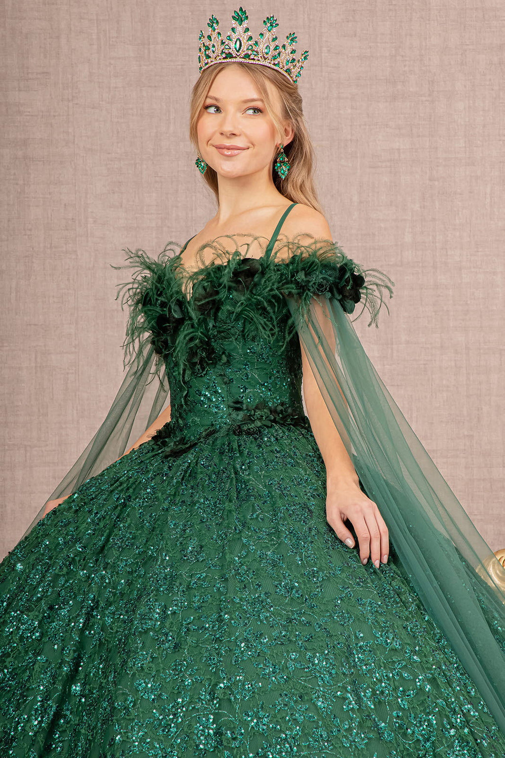 Feather Sequin Lace w/ Detachable Side Mesh Layer Long Quinceanera Dress GLGL3169