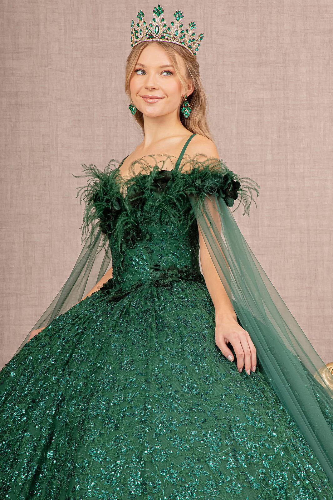 Feather Sequin Lace w/ Detachable Side Mesh Layer Long Quinceanera Dress GLGL3169