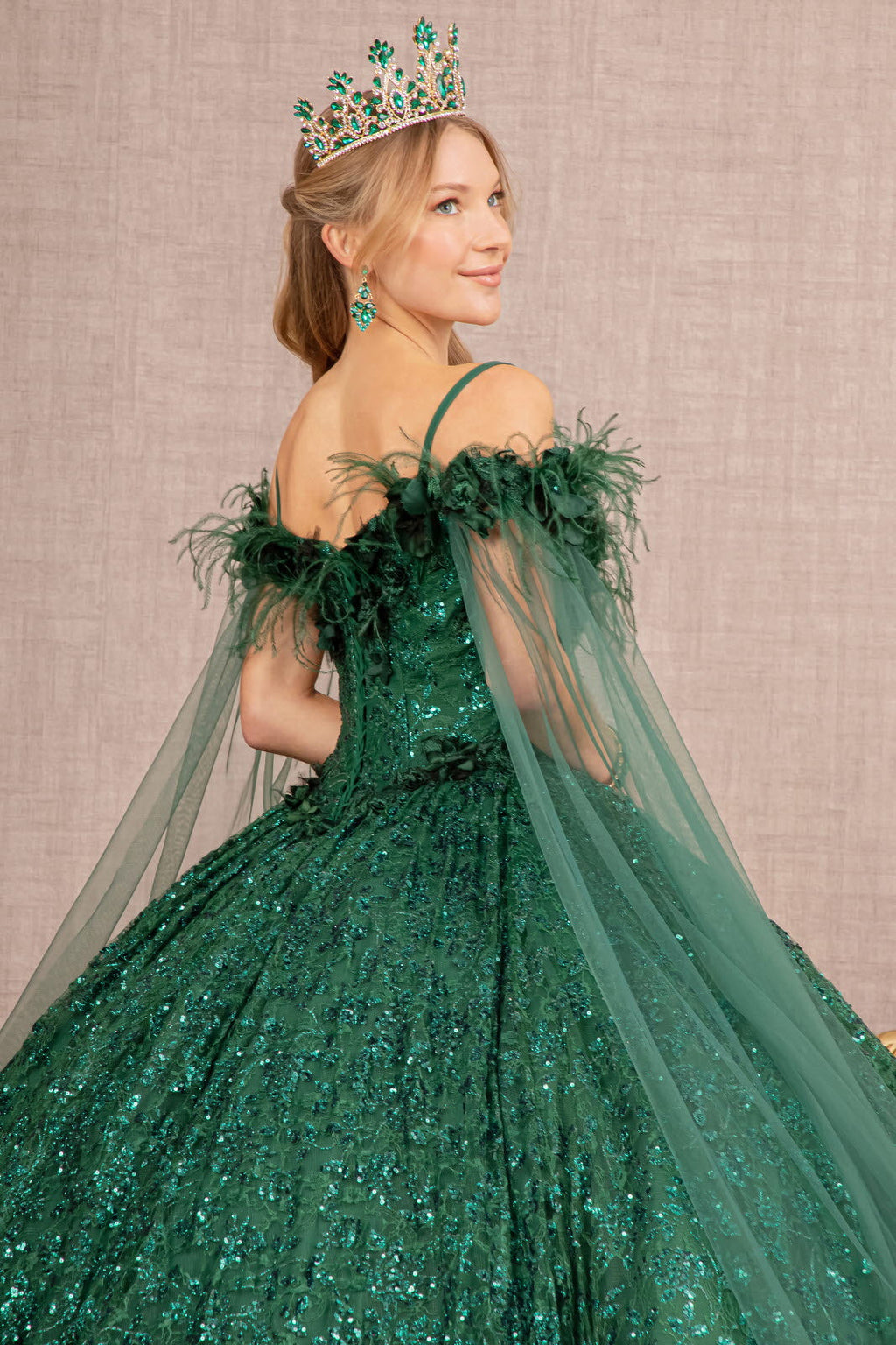 Feather Sequin Lace w/ Detachable Side Mesh Layer Long Quinceanera Dress GLGL3169
