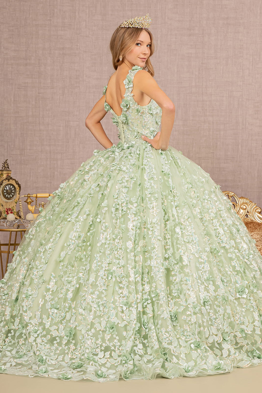 Jewel Embroidery 3D Flower Mesh w/ Corset Back Long Ball Dress GLGL3173