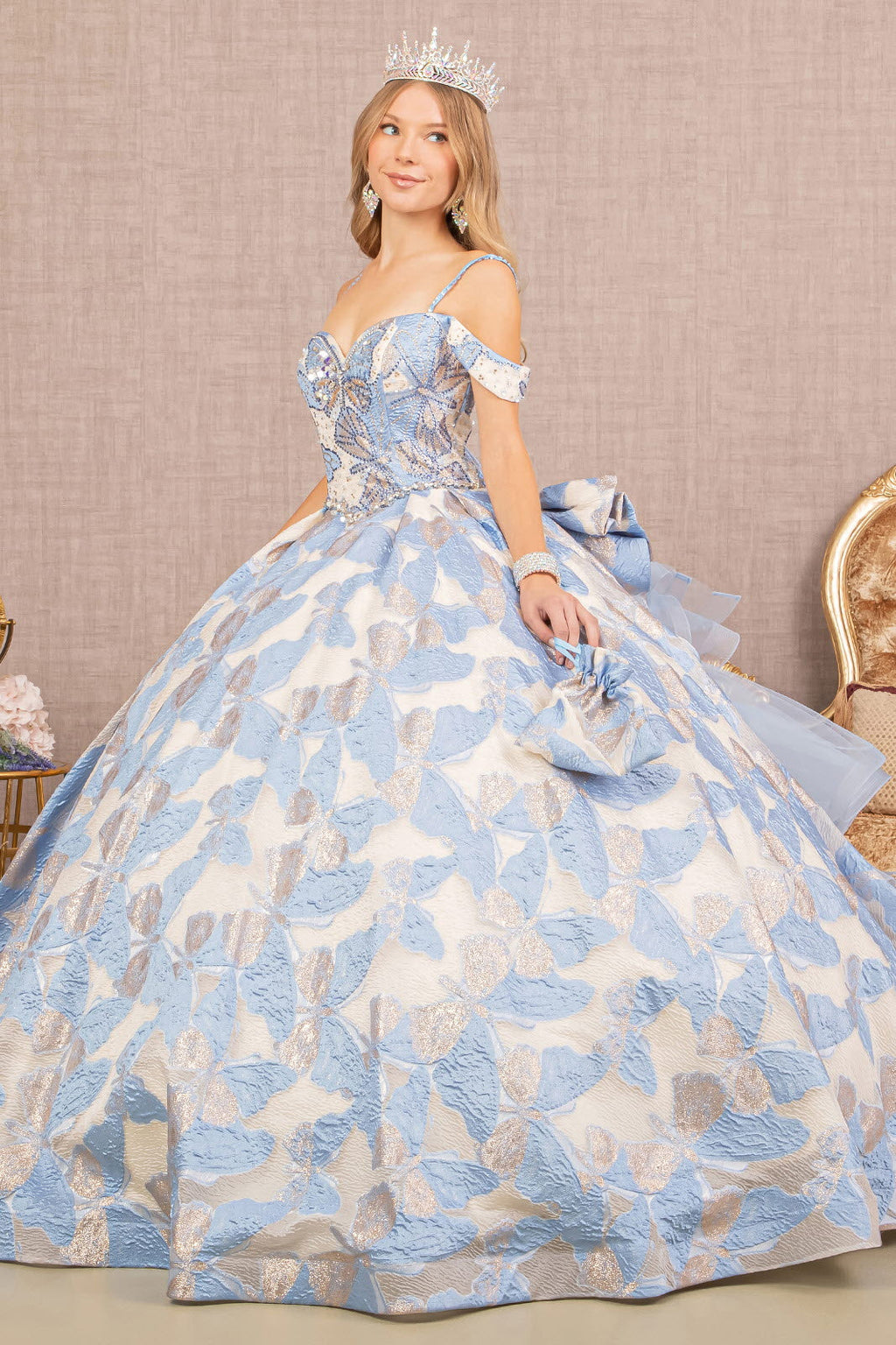 Ribbon Jewel w/ Long Mesh Tail and Mini Bag Quinceanera Dress GLGL3174