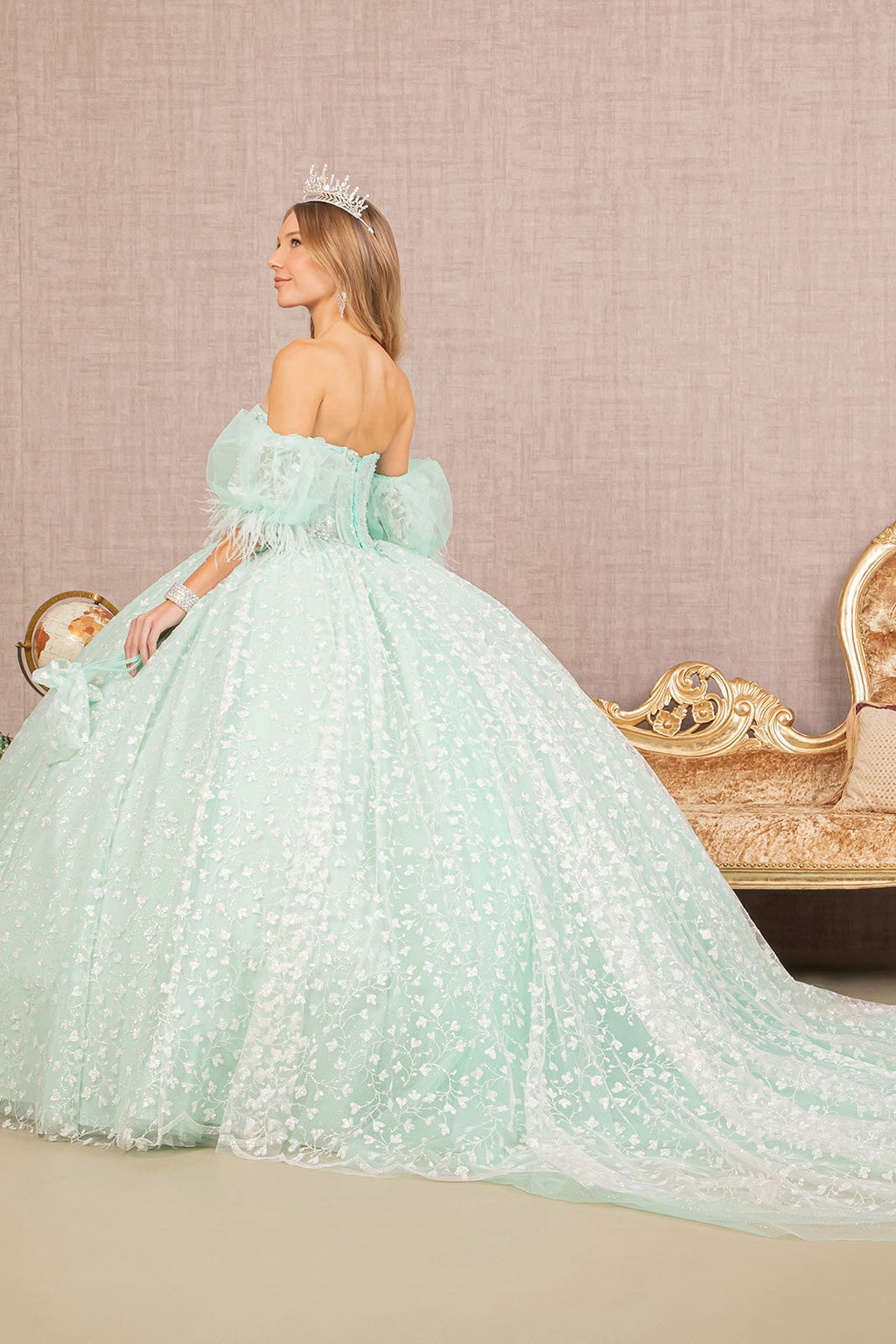 Jewel Strapless w/ Detachable Short Puff Sleeves Quinceanera Dress GLGL3176