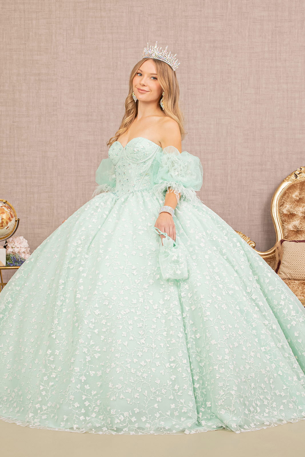 Jewel Strapless w/ Detachable Short Puff Sleeves Quinceanera Dress GLGL3176