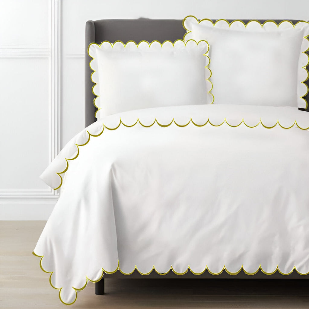 Allena 400TC Cotton Scallop Embroidery Sateen Solid Duvet Cover Set