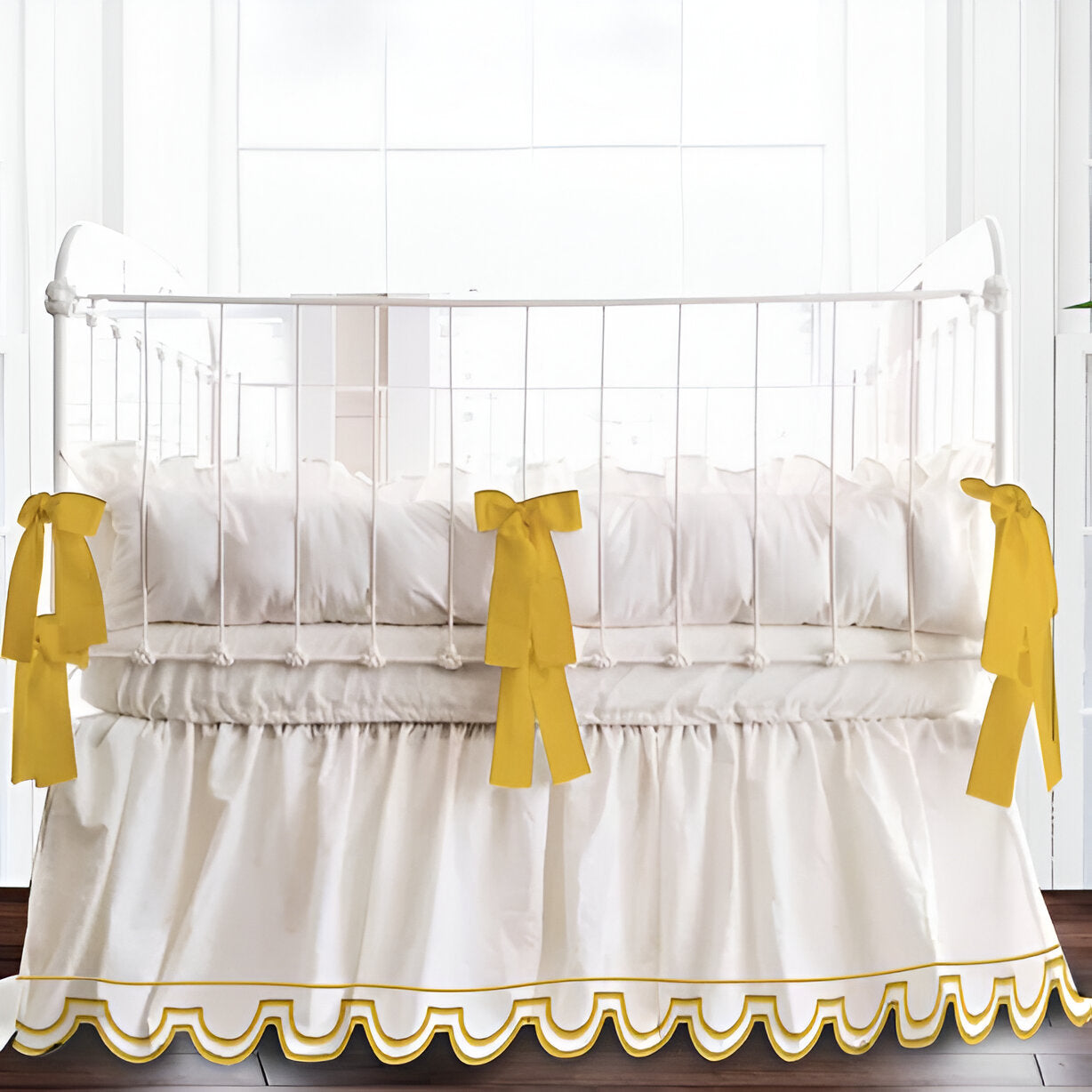 U Shape Scallop Embroidery Cotton Gathered Crib Skirt