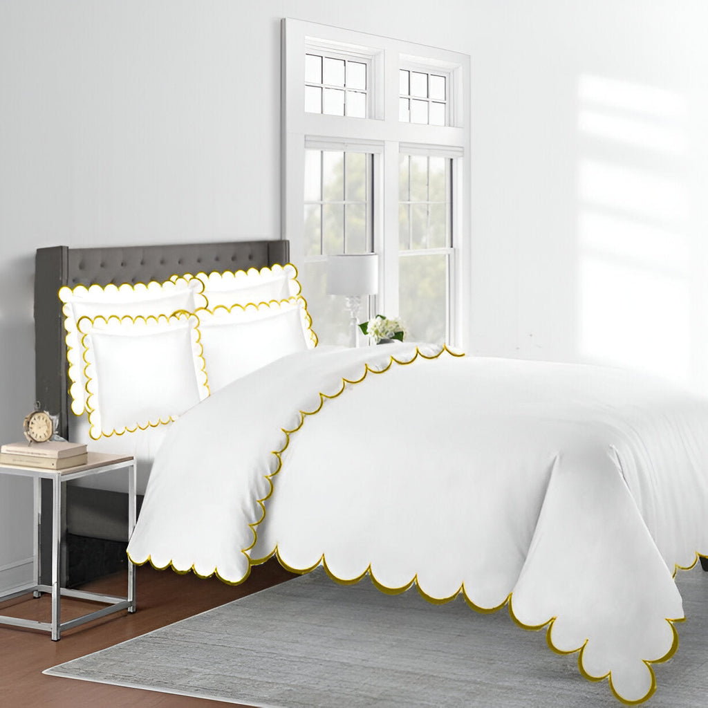 Allena 400TC Cotton Scallop Embroidery Sateen Solid Duvet Cover Set