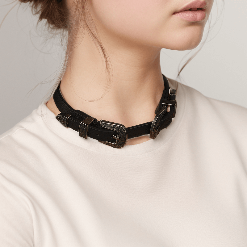 Gothic Floral Pattern Pu Leather Buckle Choker