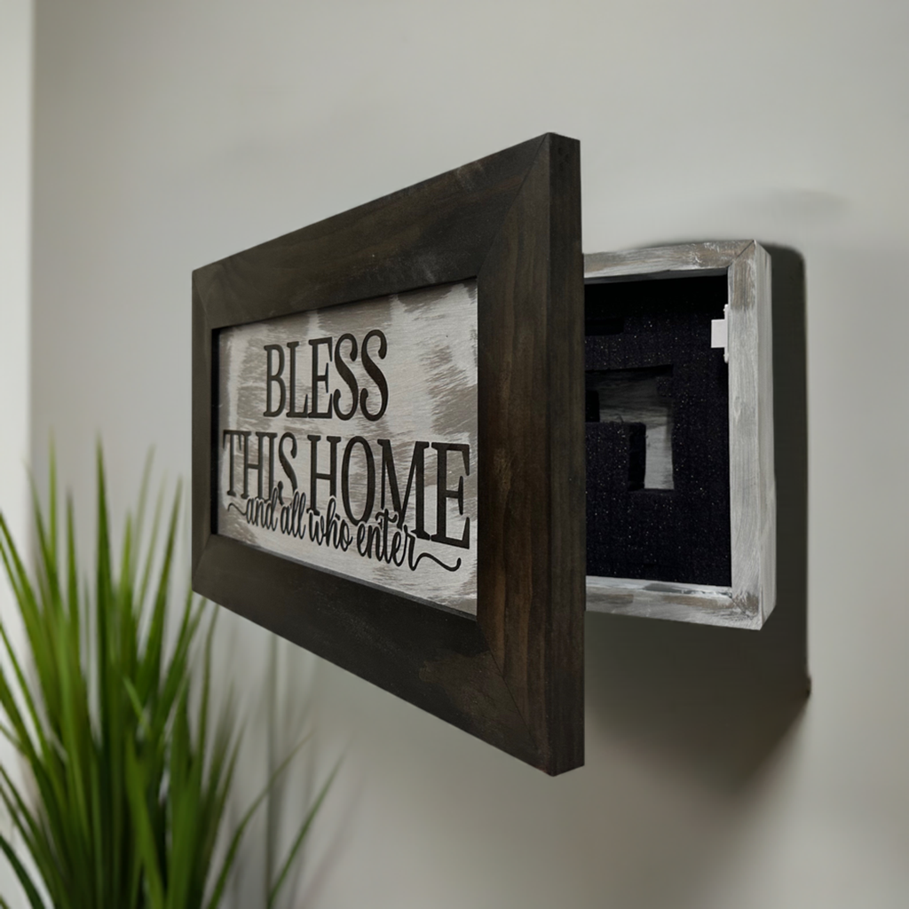 Wood Gun Cabinet - Bless This Home And All Who Enter Wall Gun Cabinet - Hidden Wall Storage - Hidden Gun Safe - Handcrafted Gun Concealment Furniture - Hidden Gun Storage by Bellewood Designs