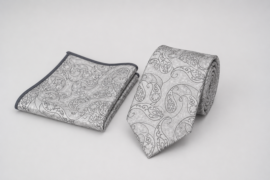 Light Gray Silk Tie & Pocket Square Set – Paisley