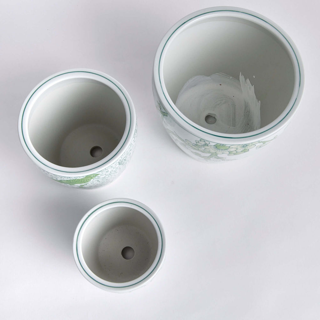 Green and White Chinoiserie Ceramic Planters (Set of 3)