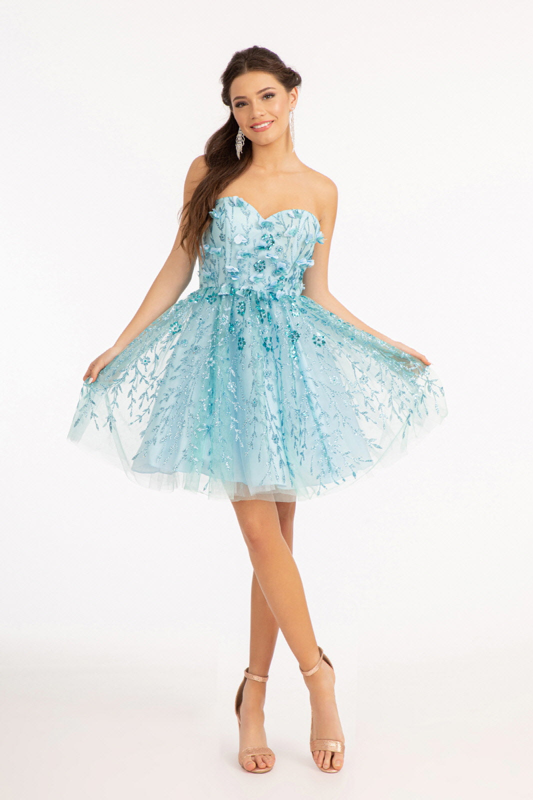 3D Floral Applique Embellished Glitter Mesh Sweetheart Short Homecoming Dress GLGS1995