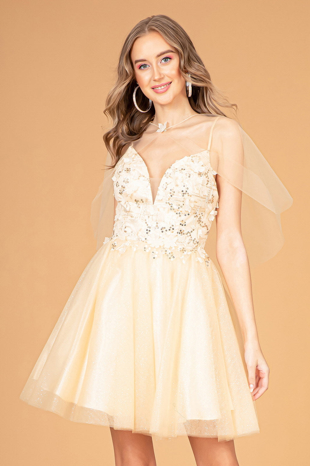 3D Flower Applique Embellished Short Mesh Homecoming Gown w/ Short Cape GLGS3089