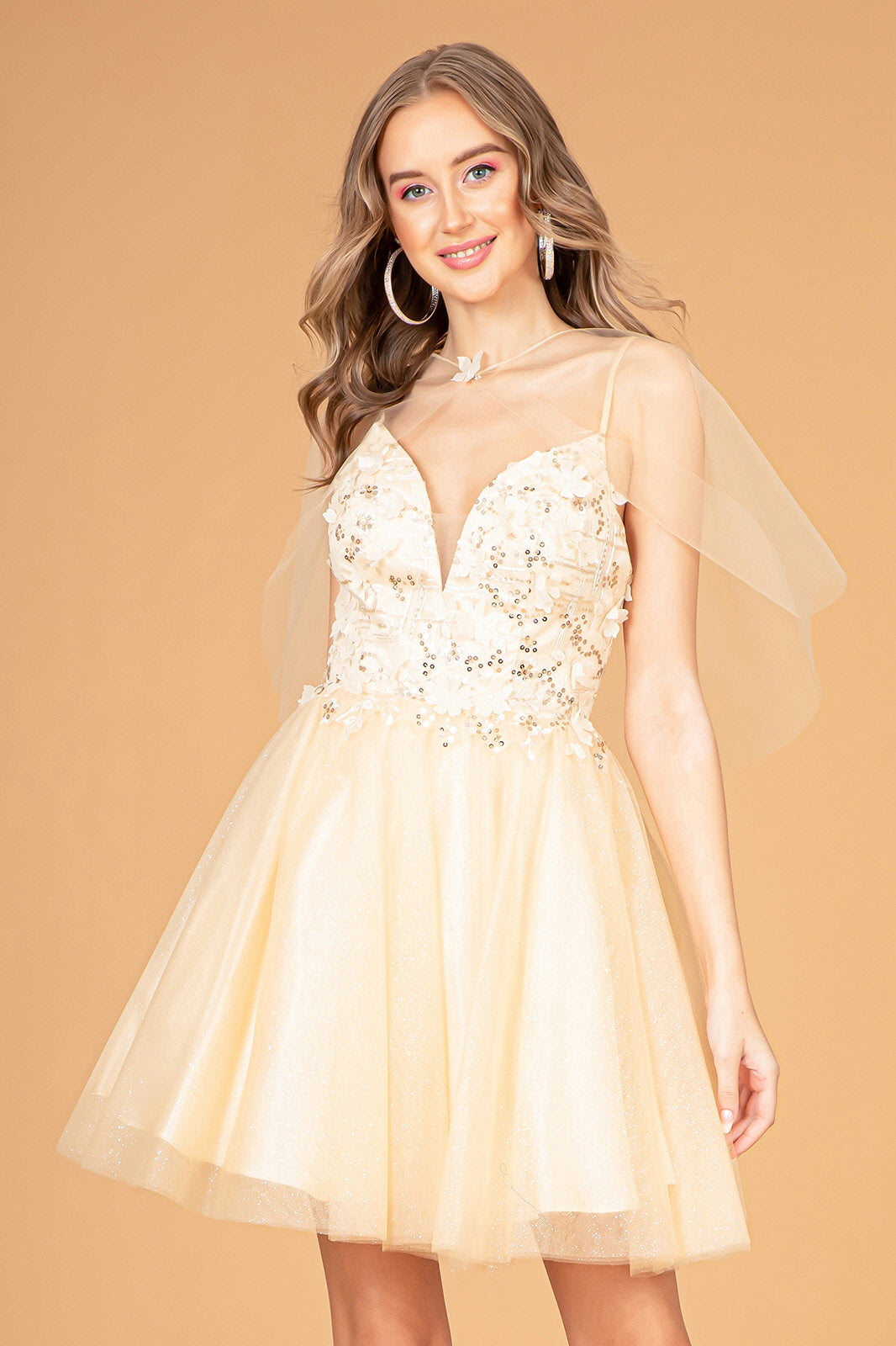 3D Flower Applique Embellished Short Mesh Homecoming Gown w/ Short Cape GLGS3089