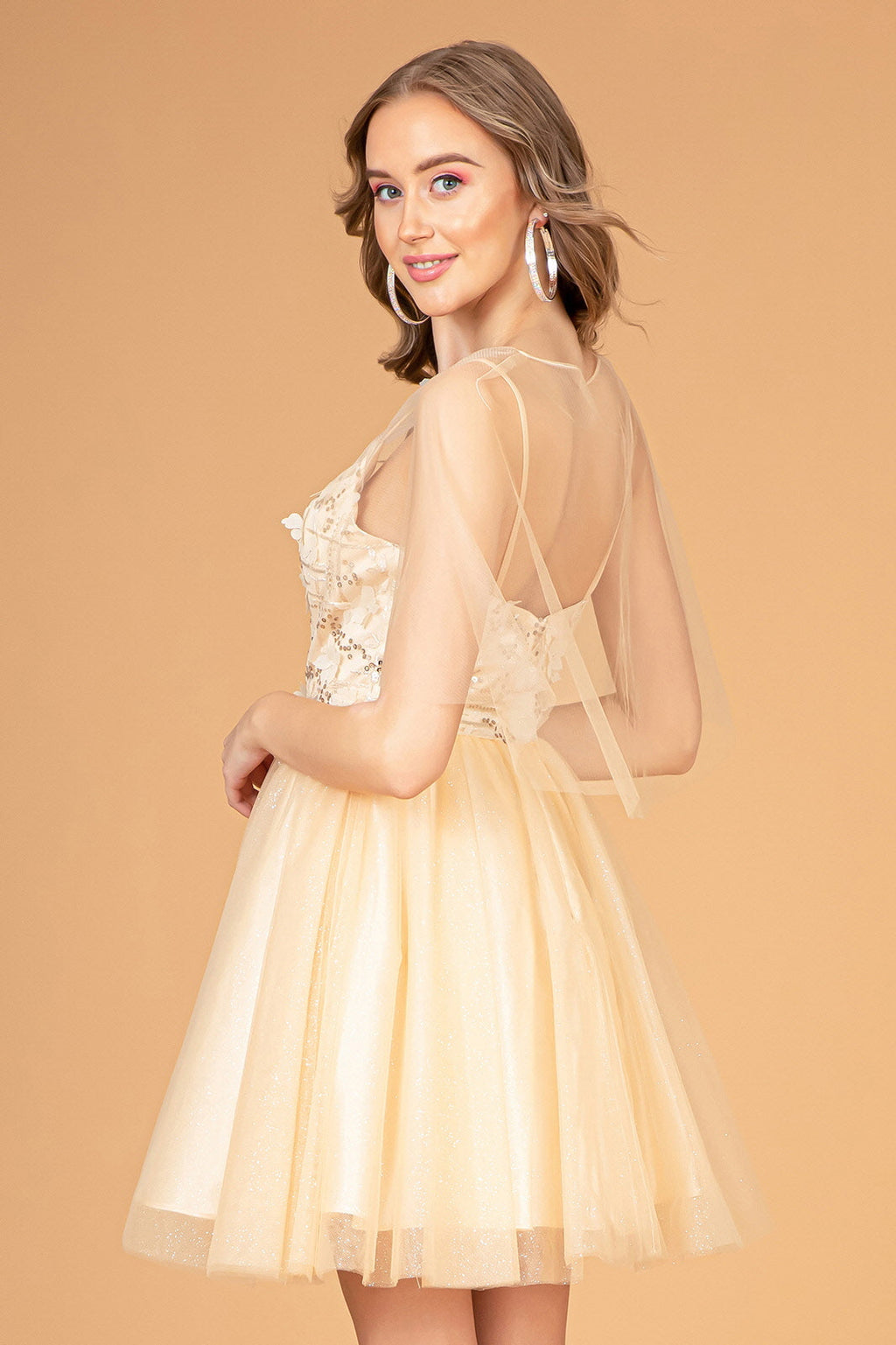 3D Flower Applique Embellished Short Mesh Homecoming Gown w/ Short Cape GLGS3089